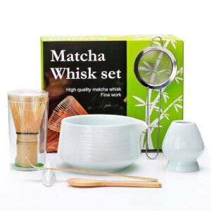 아관 말차 거품기 세트, 7개 - 대나무 & 세라믹, 19온스 그릇, 거품기, 숟가락, 홀더, 체 등이 포함되어 있어 애호가에게 적합합니다