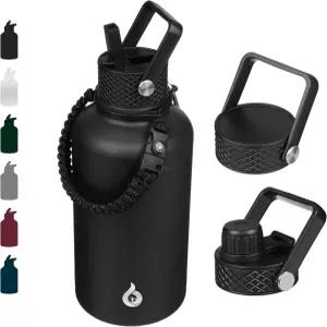 빨대 뚜껑이 있는 BJPKPK 하프 갤런 단열 물병 64온스 대형 뚜껑 3개와 파라코드 손잡이가 스테인리스 스틸