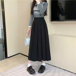 여성 트렌디 아이템 스커트 플리츠 추동 주름 A라인 시크 여름 미디 단색 이너 HT4