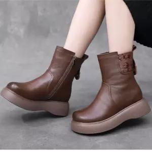 여자 플랫워커 슈즈 추동 빅사이즈 양털 앵클부츠 통굽 빈티지 소가죽 워커 미들부츠 겨울용 부츠 BE4