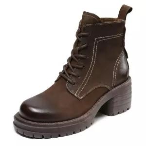 천진반여자 데일리룩 신발 워커힐 두층소가죽 힐 워커 추동 리얼 가죽 키높이 통굽 단화 KUK4