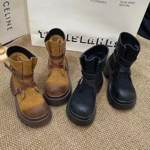 여성 트렌디 아이템 신발 워커힐 스틸레토 통굽 앵클부츠 가을 겨울 하이힐 빈티지 버클 워커 HT4