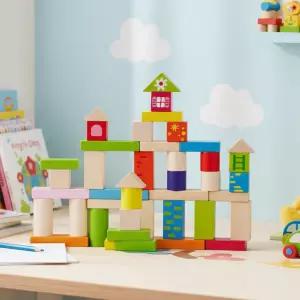 원목 빌딩블럭 쌓기놀이 성만들기 나무 도형학습 우드 짓기 집만들기 건물 통블럭 100pcs