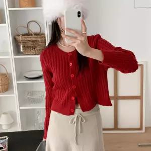 여자 빨간색니트 라운드넥 가디건 꽈배기나시 세트
