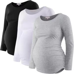 Bhome 여성 임산부 셔츠 3팩 긴팔 임신 탑 베이직 사이드 루즈 투닉 블라우스