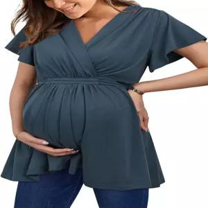 OUGES 2025 여성 산부인과 간호 상의 셔츠 반팔 랩 V넥 타이 백 의류