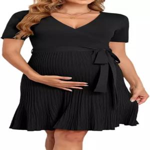 V FOR CITY 여성 캐주얼용 임산부 드레스 베이비 샤워 A 라인 허리 밴드 반팔 넥 니트 여름 S-XL