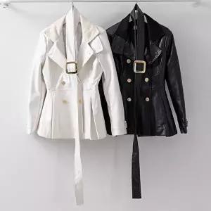 [옷자락]여성 겨울 더블버튼 금장벨트 하이넥 프릴 가죽자켓