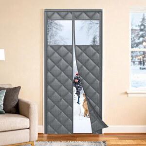 투명 창문이 있는 마그네틱 단열 도어 커튼 겨울 방수 및 방풍을 위한 두꺼운 면 커튼으로 채워진 업그레이드 된 옥스포드, 그레이