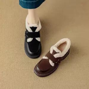 여성용 플랫 통굽 버킨 겨울 라운드 양가죽 기모 워싱 로퍼 털 부티 CH4