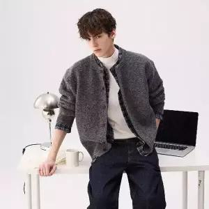 하프코트 남성 코트 빈티지 플리츠 투피스 체크 니트 겨울 덧장 스웨터 캐주얼 admr4