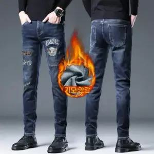 남성용 배기핏 바지 자수 얇은 융 청 가을 겨울 밑단 기모 스판 CH4