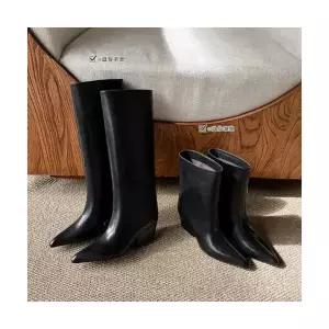 여성용 웨지힐 신발 로 무릎부츠 가을 겨울 빈티지 앙고라 레드 와이드 부츠 KS4