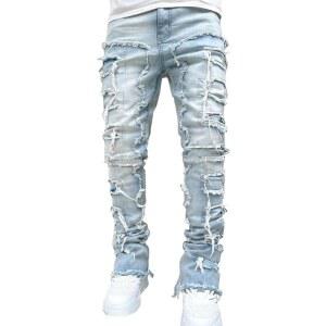 남성 스택 청바지 Y2K 슬림 핏 스키니 찢어진 청바지, 디스트로이드 데님 팬츠 이모 힙합