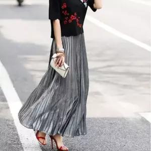 여성 2컬러 포인트룩 메탈 스타일 허리밴딩 롱스커트 (WFK5YU1)