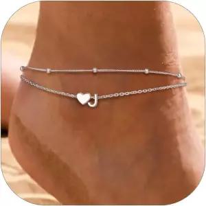 여성 프로실버 발목 팔찌 S925 스털링 실버 방수용 발찌 앙증맞은 레이어드 하트 여름용 비치 이니셜 레터