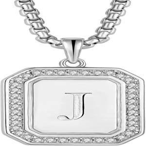 레이마드 남성 여성 925 스털링 실버 A-Z 이니셜 목걸이 큐빅 지르코니아 도그 태그 펜던트 24인치 롤로