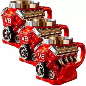 PVZXR V8 엔진 커피 머그컵 빈티지 스테인리스 스틸 컵 이중벽 단열재 자동차 애호가 손잡이 포함 아버지의