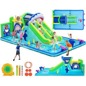 FBSPORT 풍선 바운스 하우스 워터 슬라이드 파크, 550W 공기 송풍기가 있는 더블 슬라이드 바운서 캐슬, 벽 오르기, 점프 구역, 던지기 링, 농구, 스플래시, 뒷마당 야외용 바운시 하우스