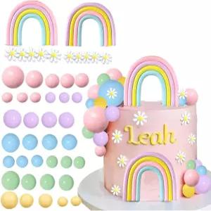 디디다 레인보우 데이지 플라워 파스텔 볼 케이크 토퍼 세트 - 40개 보호 생일