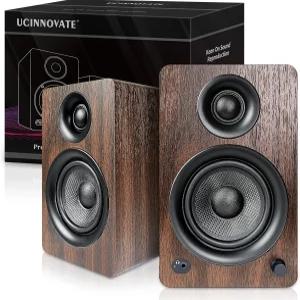 UCINNOVATE 액티브 북쉘프 스피커 컴팩트 파워드 HiFi 블루투스 및 AUX 입력 우드 인클로저 음악 LP 홈