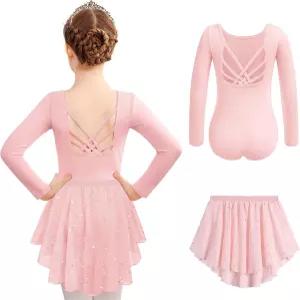 소녀용 자클로트레 발레 레오타드 롱 슬리브 크로스 백 댄스 의상과 탈부착 가능한 반짝이는 스커트 콤보