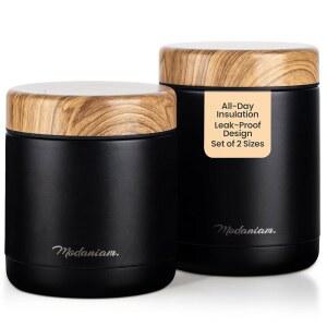 스테인리스 스틸 단열 푸드 병 2개 세트 (16온스 + 12온스) | 넓은 입 | 뜨거운 음식 도시락 용기용 수프 써모 | 보온 도시락 | 보온 수프 그릇 | 어른용 뜨겁고 차가운 도시락 | 블랙