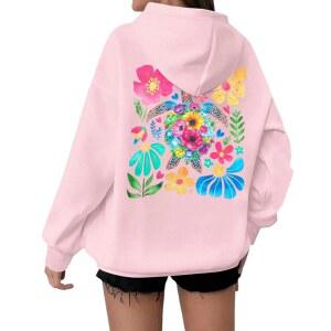 여성용 키다드 거북 스웨트셔츠 Y2K 오버사이즈 하와이안 그래픽 셔츠 루즈핏 후드티 포켓