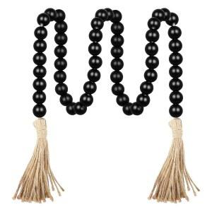 YBEATY 우드 비드 갈랜드 장식 구슬 홈 농가 테이블 데코 타셀 러스틱 컨트리 보호 벽걸이 나무 입구 선반 트레이 커튼 39인치(블랙)