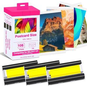 [미국배송] 캐논 셀피 CP1500 CP1300 잉크 및 종이 리필 KP-108IN 3색 카세트 108매 4 X 6 용지 광택으로 CP1200 CP1000 CP910 염료 승화 방수 기능 제공