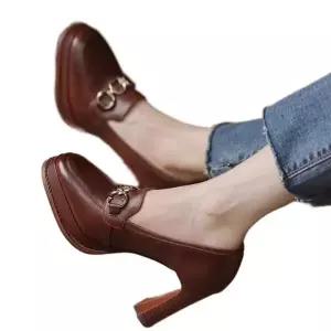 가보시 구두 스틸레토힐 통굽 펌프스 베이직 힐 가죽 여성 키높이 업그레이드 브라운 34