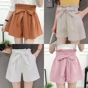 여성 면 5부 여자 바지 밴딩 & 여름 반 냉장고 허리 리본