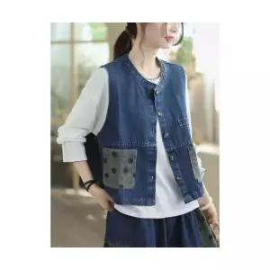 여성 조끼 캐주얼 추동 빈티지 데님 도트 워싱 민소매 아우터 카디건 MF4