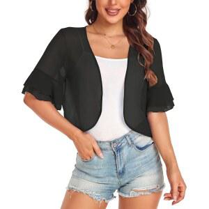 여성 가디건 볼레로 셔그 러플 반팔 오픈 프론트 루즈 시어 재킷 상의