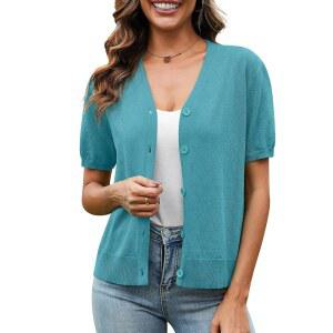 viishow 여성용 반팔 경량 여름 가디건, 버튼 다운 오픈 프론트 브이 넥 크로셰 니트 크롭 볼레로 어깨