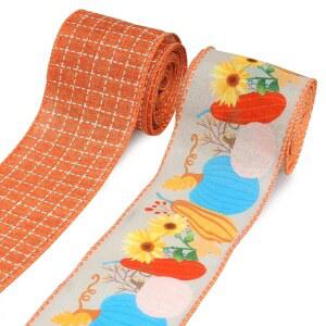 Habbiful 2롤 6.4cm(2.5인치) x 9.1m(10야드) 가을 와이어 리본 호박 리본, 공예용 화환 제작 포장 오렌지 삼베 격자 무늬 추수감사절 파티 홈 데코용
