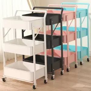 이동식 수납 트롤리 3단 메쉬 바퀴형 이동식 접이식 트롤리 선반 다용도 정리함 기저귀 주방 정리 거실
