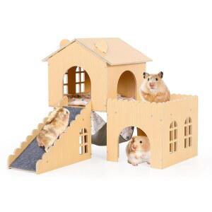 해먹과 램프가 있는 기니피그 아지트 u2013 햄스터, 토끼, 친칠라를 위한 다층 목조 작은 동물 집 | 조립이 쉬운 케이지