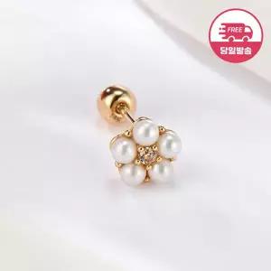 [비앤비골드] (당일발송) 14K 샤인 큐빅 진주 플라워 피어싱 한쪽 JAE40794