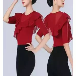 모던 왈츠 사교댄스복 방송 여성 댄스상의 라틴댄스 중간 소매 블랙 러플 투피스 S