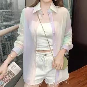 파스텔 카라 셔츠 가디건 루즈핏 군살 커버 시스루 WAE65C1