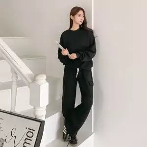 여성 기모 무지 맨투맨 티셔츠 카고 팬츠 트레이닝 세트 츄리닝 투피스 셋업 -WPST0470- 겨울