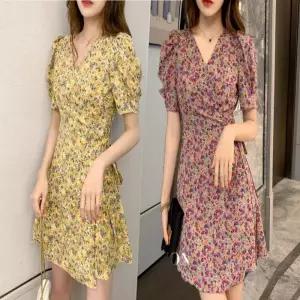 여자 랩 꽃무늬원피스 랩원피스 반팔 V넥 휴양지원피스 소매 퍼프 청순
