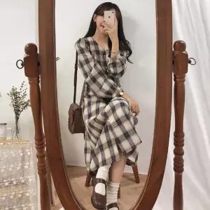 여친룩 데일리 루즈핏 원피스 남방 큐티 랩 체크 롱 셔츠 쉬폰