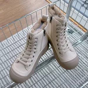 EAMT 여자 하이탑 토끼털 화이트 슈즈 겨울 운동화 통굽 빈티지 워커 YJ4