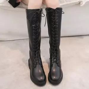 여성 레이스업 키높이 슬림핏 블랙 롱워커 부츠