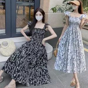 여자 플라워 패턴 프릴 스모크밴딩 스퀘어넥 원피스
