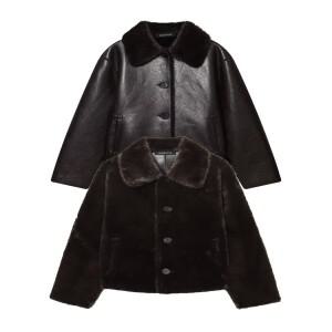 여성용 리버시블 레트로 복고풍 엔틱 가죽 재킷 가을 겨울 플러시 양면 플리스 트렌디 스트리트웨어 캐주얼