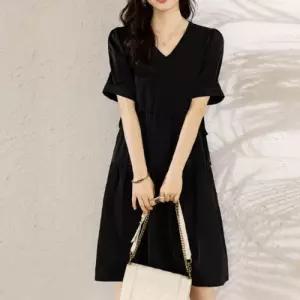슬림핏 데일리 여성 캐주얼 브이넥 셔링 원피스