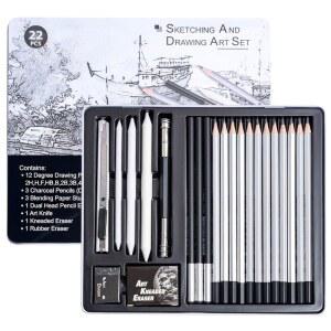 드로잉 스케치 연필 세트, 블렌딩 스텀프가 있는 22개의 PCS 흑연 및 연필, 지우개, 금속 상자에 아트 나이프 익스텐더, 셰이딩을 위한 아티스트 용품(22개)